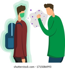 Concepto de retrato vectorial Coronavirus con hombre enfermo tosiendo descortésmente a su amigo hombre usando máscara facial 
