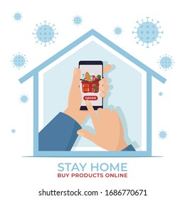 Coronavirus concept. Stay at home. Buy products online. Order food online. Hand holding smartphone with food basket on the screen. Flat vector illustration