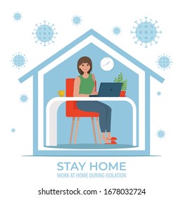 Coronavirus concept. Stay home during the coronavirus epidemic. Work at home during isolation. Female employee works from home. Vector illustration in flat style