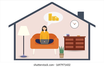Coronavirus concept. Stay at home during the coronavirus epidemic. Work at home during isolation. Female employee works from home. Vector illustration in flat style