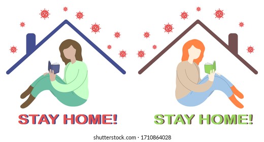 Coronavirus concept. Stay home during the coronavirus epidemic. A woman is reading a book. Vector illustration in a flat style.