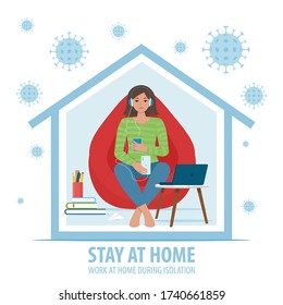 Coronavirus concept. Stay at home during the coronavirus epidemic. Work at home during isolation. Female employee works from home. Vector illustration in flat style