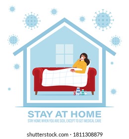 Coronavirus Concept. Stay At Home During The Coronavirus Epidemic. Stay Home When You Are Sick. Vector Illustration In Flat Style