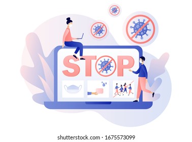 Coronavirus concept. Stop coronavirus (2019-nCoV). COVID-19 prevention. Tiny people in white medical face mask. Modern flat cartoon style. Vector illustration on white background