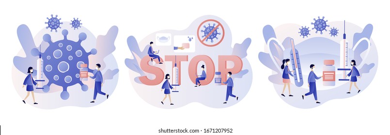 Coronavirus concept. Stop novel coronavirus (2019-nCoV). COVID-19 prevention. Tiny people in white medical face mask. Modern flat cartoon style. Vector illustration on white background