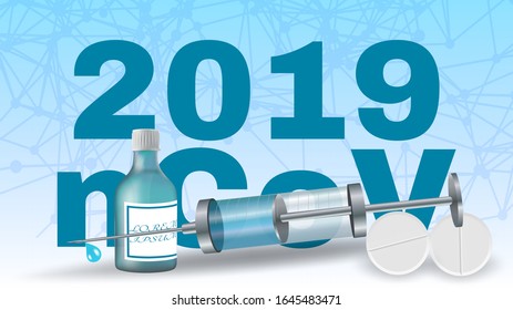 Vorlage für das Konzept von Coronavirus in einer aussehenden Spritze, gefüllt mit Medikation, mit Antivirusvakzinen, Antibiotikapillen und Inschrift 2019-ncov auf hellblauem, entfochtenem Hintergrund. Vektorillustration