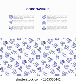 Coronavirus concept with thin line icons. Symptoms and prevention: 2019-ncov, surgical mask, person-to person, hand washing, pneumonia, bronchitis. Vector illustration, template with copy space.