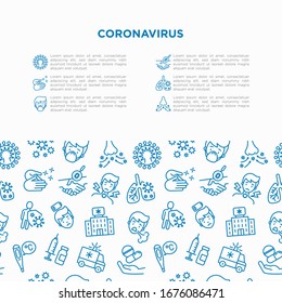 Coronavirus Konzept mit Dünnzeilensymbole. Symptome und Prävention: 2019-Ncov, chirurgische Maske, Mensch-zu-Person, Handwaschung, Lungenentzündung, Bronchitis. Vektorillustration Illustration, Vorlage mit Kopienraum.