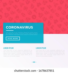 Coronavirus concept with thin line icons. Symptoms and prevention: 2019-ncov, surgical mask, person-to person, hand washing, pneumonia, bronchitis. Vector illustration, template with copy space.