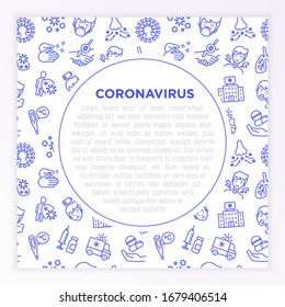 Coronavirus concept with thin line icons. Symptoms and prevention: 2019-ncov, surgical mask, person-to person, hand washing, pneumonia, bronchitis. Vector illustration, template with copy space.
