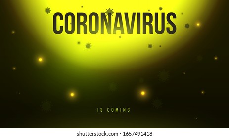 Coronavirus concept vector background. Composition for novel virus in China (2019-nCoV). Inscription with blurred particles and big biology сell. Illustration for broadcast, header, cover, banner