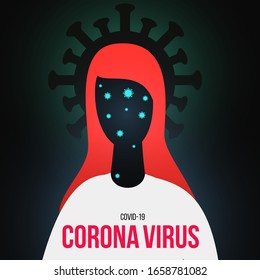 Coronavirus concept vector background. Minimalistic composition for novel virus in China (2019-nCoV). Silhouette woman and bacteria. Illustration for broadcast, header, cover, banner, poster, flyer.