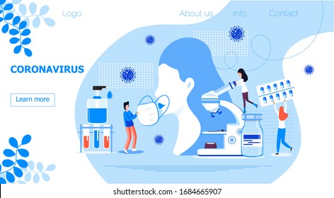 Coronavirus concept vector for homepage. Tiny doctors treat patient. CoV-19 sign. Putting of mask to save an infected woman. Pandemic situation, science research.
