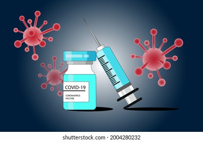 Coronavirus concept. Vector illustration of a COVID-19 vaccine bottle, syringe and virus for stop the pandemic.