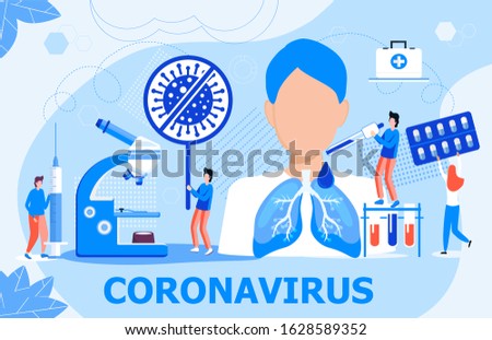 Coronavirus concept vector for landing page, banner, poster. Tiny doctors treat patient. Stop CoV sign. Resuscitation, lung ventilation to save an infected man. Pandemic situation, science research.