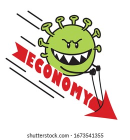 Coronavirus concept. Virus hits economy. Covid-19 cartoon character.