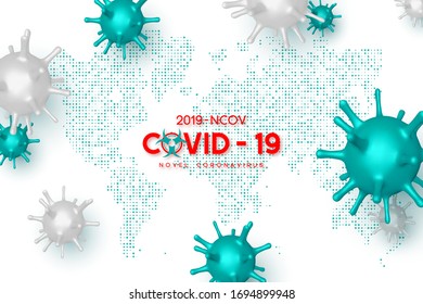 Coronavirus concept, virus strain of MERS-Cov and Novel coronavirus 2019-nCoV, Covid-19. Vector 3d dangerous virus with world map. Coronavirus outbreak background.