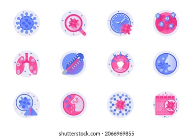 Coronavirus concept web flat color icons with shadow set. Pack pictograms of virus, disease, pandemic, lung, temperature, cough and other. Vector illustration of symbols for website mobile app design