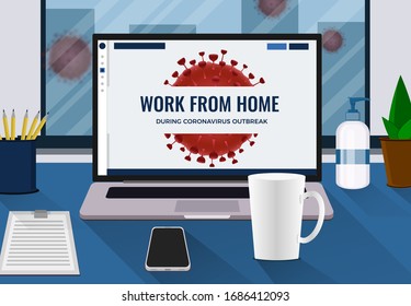 Coronavirus concept. Work from home during the coronavirus outbreak. Work at home during isolation. Workplace with laptop, disinfector on a table and red viral cells outside. Vector illustration