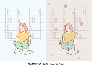 Coronavirus concept.young girl wearing hygienic mask read book in library.Hand drawn style vector design illustrations.