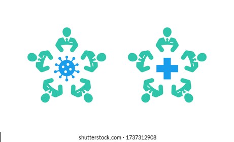 Coronavirus Conference Icon. Medical Meeting Concept. Group Of Five Doctors And Scientist Sitting Around A Table Working Together On Solutions For Infectious Diseases. Flat Vector Design.