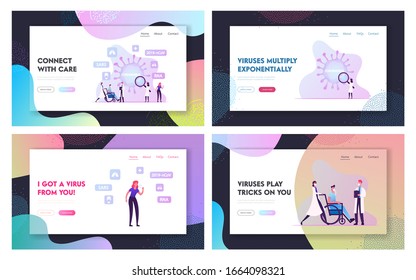 Coronavirus Contagious Infection Website Landing Page Set. Scientist Research 2019-nCov in Laboratory, Sick People and Doctors in Face Masks, Medical Web Page Banner. Cartoon Flat Vector Illustration