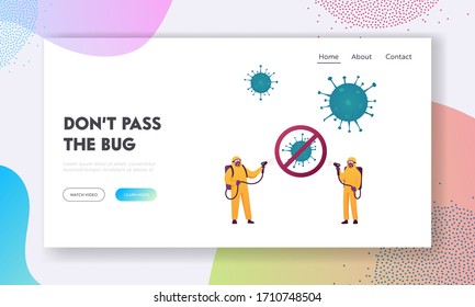 Coronavirus Contamination Room Disinfection Landing Page Template. Tiny Human Character in Protective Suits Spraying Antibacterial Liquid on Covid19 Cells Flying in Air. Cartoon Vector Illustration