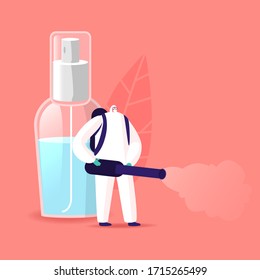Coronavirus Contamination Room or Outdoor Space Disinfection. Human Character Wearing Protective Hazmat Suit Spraying Sanitizer Antibacterial Liquid against Covid19 Cells. Cartoon Vector Illustration
