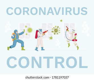 Coronavirus control vector flat banner design. Medical workers or cleaners in protective suits and masks disinfecting surfaces. Protective measures during Covid-19 outbreak.