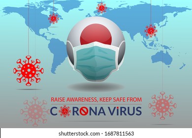 Coronavirus / Corona virus 2020. Japan Fight against Corona Virus.  Mask with Japanese Flag. Corona Virus background. Corona Virus in Japan. Covid-19, Coronavirus  logo. World map and 2019-ncov.