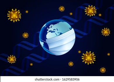 Coronavirus or Corona virus concept. Earth in a medical mask protects itself from China virus coronavirus COVID-19 against the background of DNA