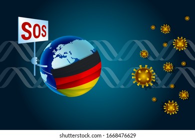 Coronavirus or Corona virus concept for Germany. Earth in a medical mask with Deutsch flag asks SOS for help from virus coronavirus COVID-19 against the background of DNA