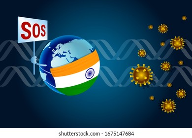 Coronavirus or Corona virus concept for India. Earth in a medical mask with Indian flag asks SOS for help from virus coronavirus COVID-19 against the background of DNA