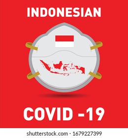 Coronavirus / Corona virus concept. Indonesia put mask to fight against Corona virus. Concept of fight against virus. Many Virus attack isolated on red background.