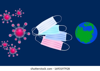 Coronavirus or Corona virus concept. Pathogen respiratory coronavirus 2019-nCoV, Earth and medical face masks