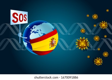 Coronavirus or Corona virus concept for Spain. Earth in a medical mask with Spanish flag asks SOS for help from virus coronavirus COVID-19 against the background of DNA