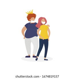 Coronavirus. Couple, man and woman in protective masks. The fight against viruses. Crown on the head. Remedies. Pneumonia. People are not worried and not afraid of the virus. Vector illustration.
