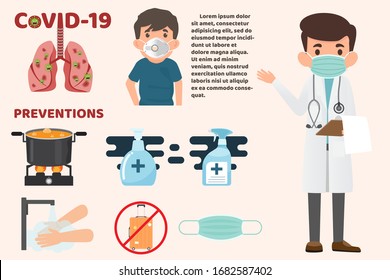 Coronavirus : Los elementos de infografía del CoV, humanos, muestran la prevención del coronavirus. salud y medicina. Novela Coronavirus 2019. Neumonía. Se propaga el brote de virus CoVID-19.