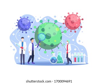 Coronavirus cov medical vaccine research laboratory. Scientists and doctors are looking for vaccines from Coronavirus outbreak fighting covid-19. Virus antidote design concept. Vector in flat style