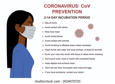 Coronavirus CoV prevention tips, how to prevent coronavirus. Black woman in medical face mask. Concept of coronavirus quarantine. Wall stickers. Isolated vector illustration on white background.