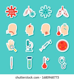 Coronavirus CoV Stickers. Vector Illustration Flat Style. Collection of Medical Symbols.