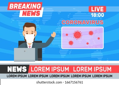 Coronavirus Covid 19 Breaking News Online Tv Translation Newscaster In Studio Vector Illustration