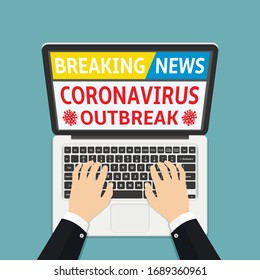 Coronavirus covid 19 breaking news flat design concept. Human use laptop computer for watch coronavirus outbreak breaking news.