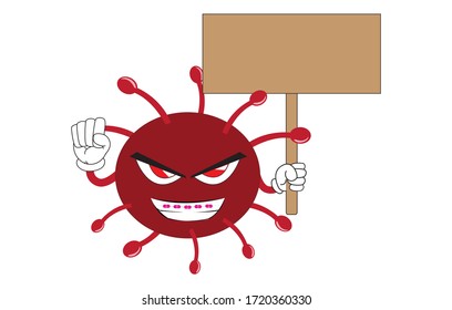 coronavirus COVID 19 cartoon mascot design style, Coronavirus outbreak a global pandemic. Coronavirus 2020. Red eyes Covid-19 virus cartoon cute character, Braces and holds signs for inserting text.