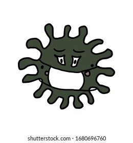 Coronavirus covid 19 cell with a protection face mask. Crazy cartoon mascot. Hand drawn illustration, great design for tee or textile print.