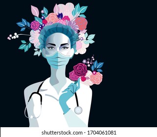 Coronavirus. COVID 19 Concept. Woman Doctor In Protective Suit And Mask Holding Flowers.
