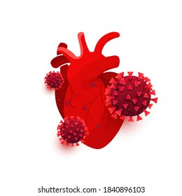 Coronavirus, Covid 19 Dangerous Cells Infect The Heart Organ Isolated On White Background