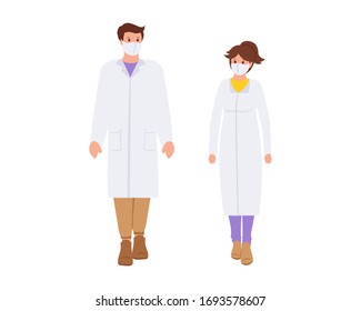 Coronavirus Covid 19, doctors in a white coat and medical mask. Flat cartoon style. Scientists man and woman facemask. Paramedics are protected from virus, flu. Stop pandemic. Vector illustration