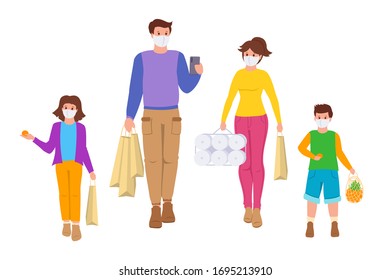 Coronavirus Covid 19, Family goes shopping isolation period. Grocery bags. Group young people, children medical face mask quarantine, protected from virus, stop pandemic. Vector illustration isolated