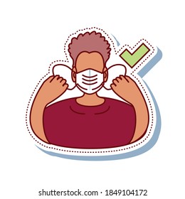 coronavirus covid 19, man wear a face mask correctly vector illustration sticker icon